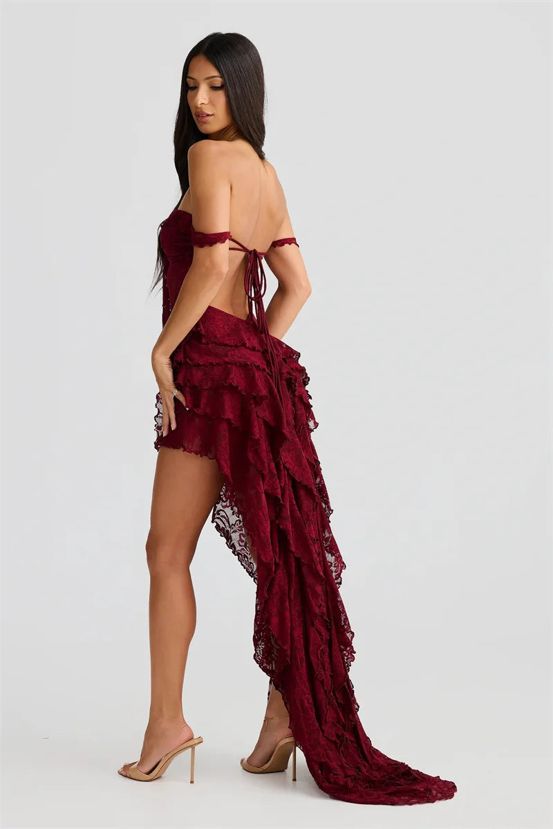 Mozision Lace Ruffle Sexy Maxi Dress Summer Off-shoulder