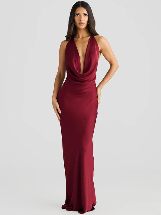 Mozision Satin Halter Backless Sexy Maxi Dress Women Gown Elegant Solid Sleeveless Lace-up High Waist Evening Club Long Dress