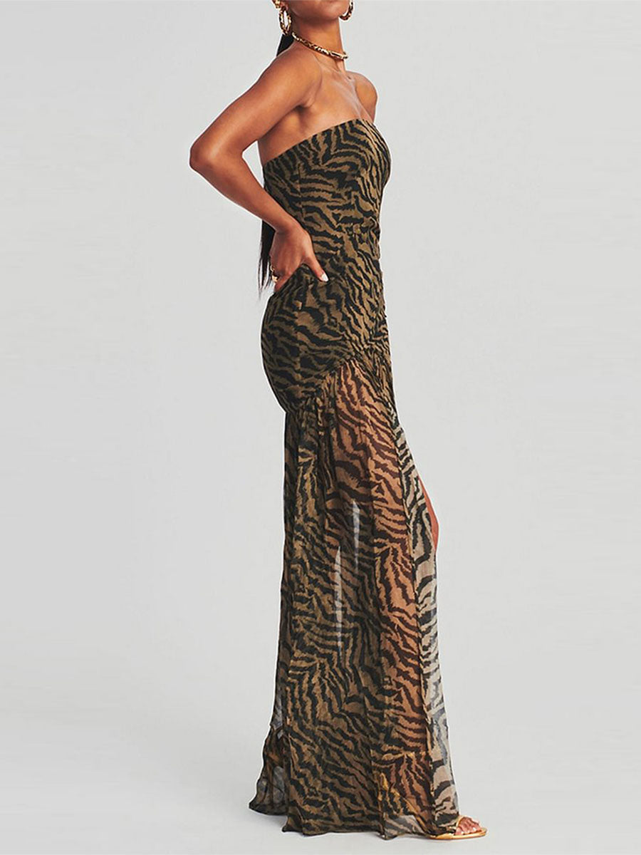 Women's Chest Wrapping Dress Slim Sexy Backless Mesh Patchwork Tropical Leopard Print High Slit Long Dress for Party Club Night