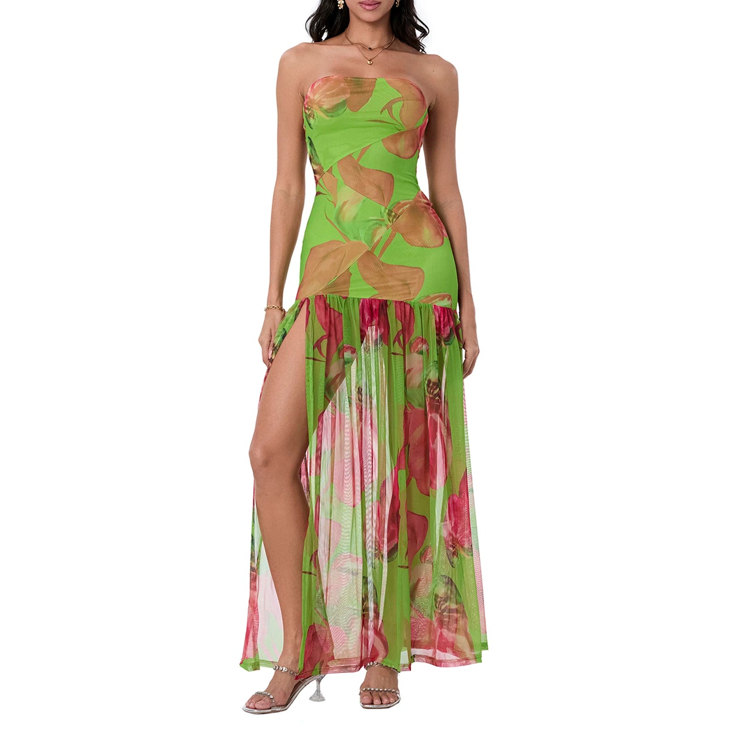 Women's Chest Wrapping Dress Slim Sexy Backless Mesh Patchwork Tropical Leopard Print High Slit Long Dress for Party Club Night