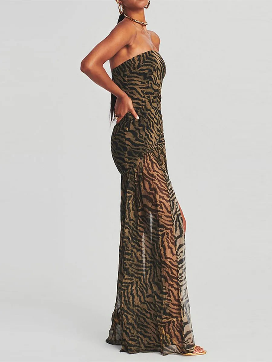 Women's Chest Wrapping Dress Slim Sexy Backless Mesh Patchwork Tropical Leopard Print High Slit Long Dress for Party Club Night