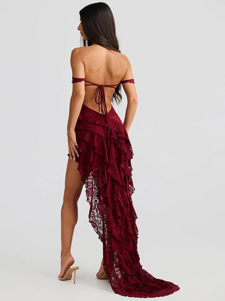 Mozision Lace Ruffle Sexy Maxi Dress Summer Off-shoulder