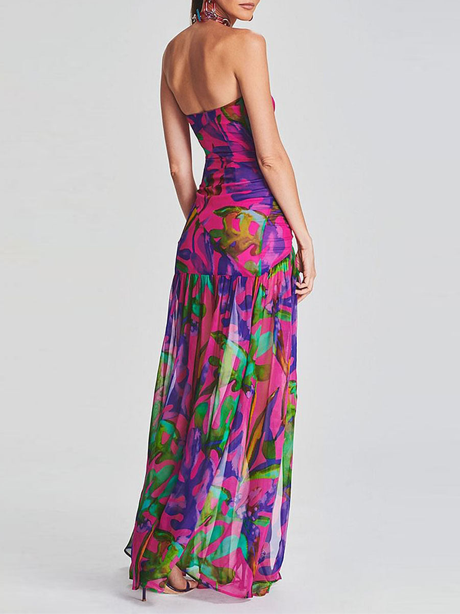 Women's Chest Wrapping Dress Slim Sexy Backless Mesh Patchwork Tropical Leopard Print High Slit Long Dress for Party Club Night