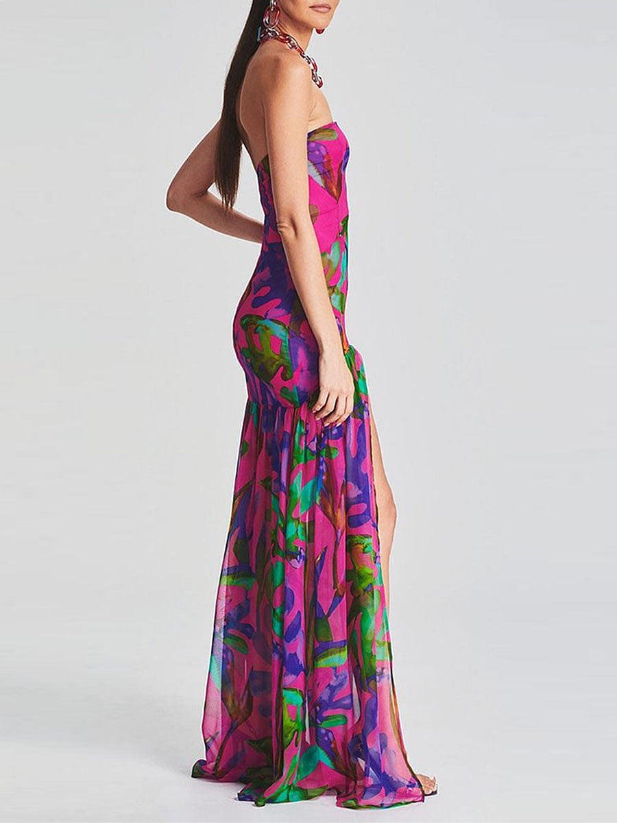 Women's Chest Wrapping Dress Slim Sexy Backless Mesh Patchwork Tropical Leopard Print High Slit Long Dress for Party Club Night