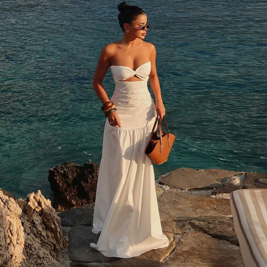 Tornova Women's Beach Vacation Strapless Hollow Dress Solid Color Sleeveless Bodycon Maxi Dress Lady High Waist Splice 2025 New