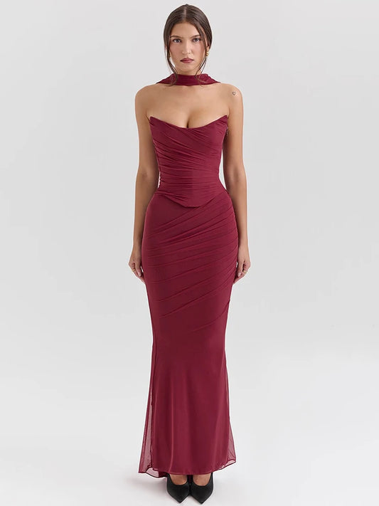 Mozision Wine Red Sexy Two Piece Sets Women Neckerchief Strapless Crop Tops And Maxi Skirt Sets Club Party Skirt Two Piece Sets