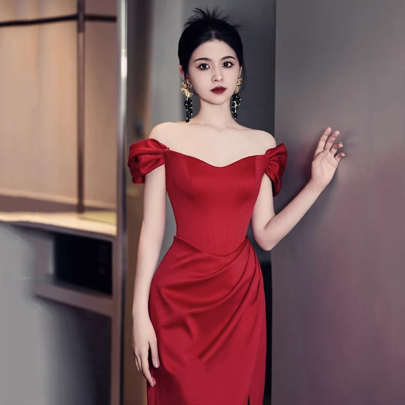 Fashion Bride Wine Red Engagement Wedding Back-to-door Cocktail Dress