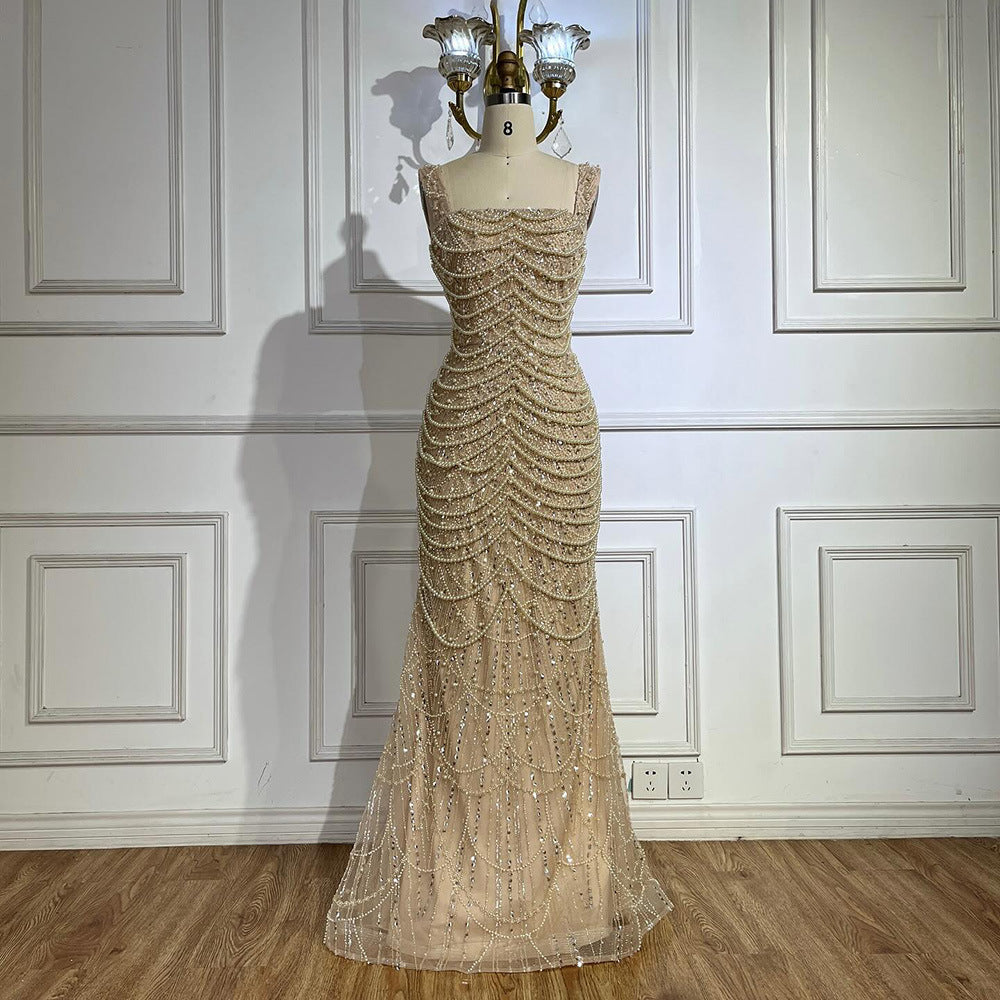 Nude Elegant Sling Light Luxury High-end Pearl Beaded Dress