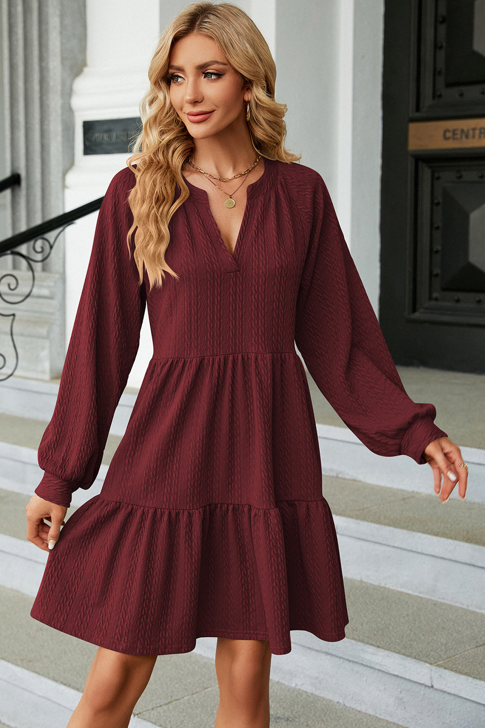 Ruched Notched Long Sleeve Mini Dress