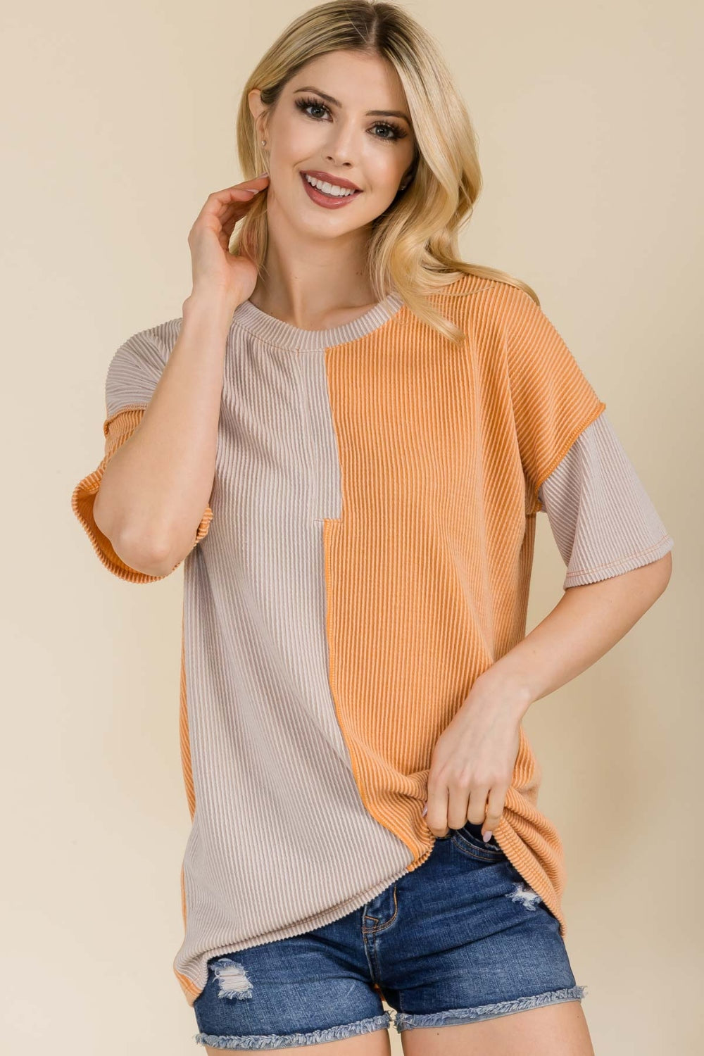 Celeste Full Size Ribbed Color Block Short Sleeve T-Shirt