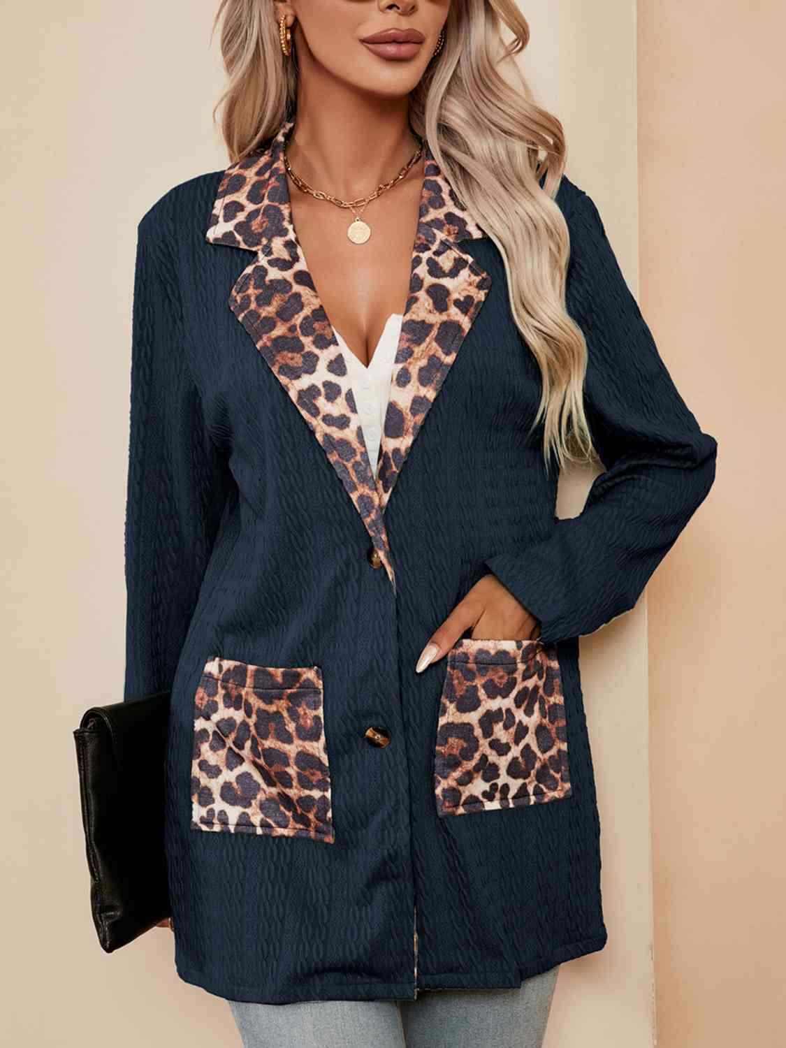 Leopard Buttoned Lapel Collar Blazer with Pockets