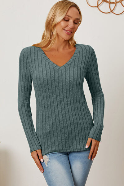 Basic Bae Full Size Ribbed V-Neck Long Sleeve T-Shirt