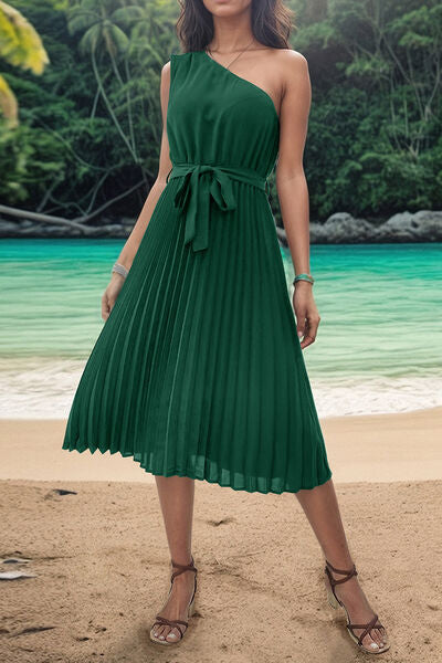 Pleated Single Shoulder Tie Waist Midi Dress