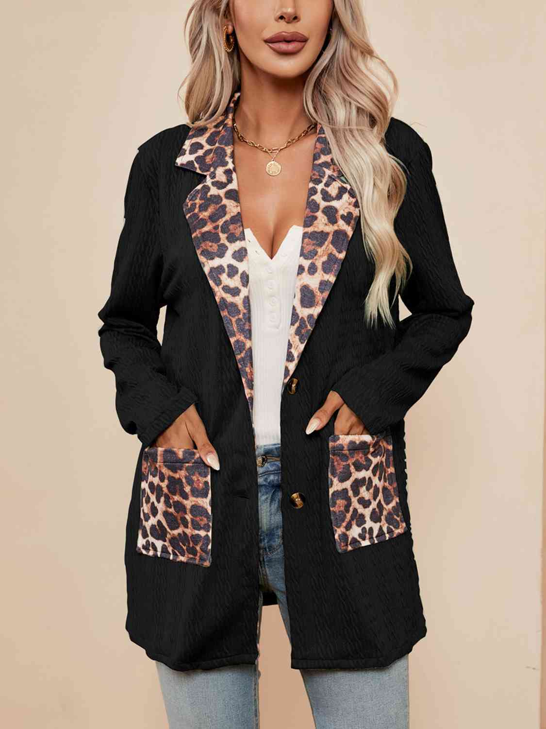 Leopard Buttoned Lapel Collar Blazer with Pockets